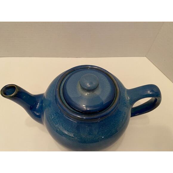 Cobalt Blue Pottery Teapot Beautiful Detailed Glazing, Button Shaped Handle - Picture 2 of 6